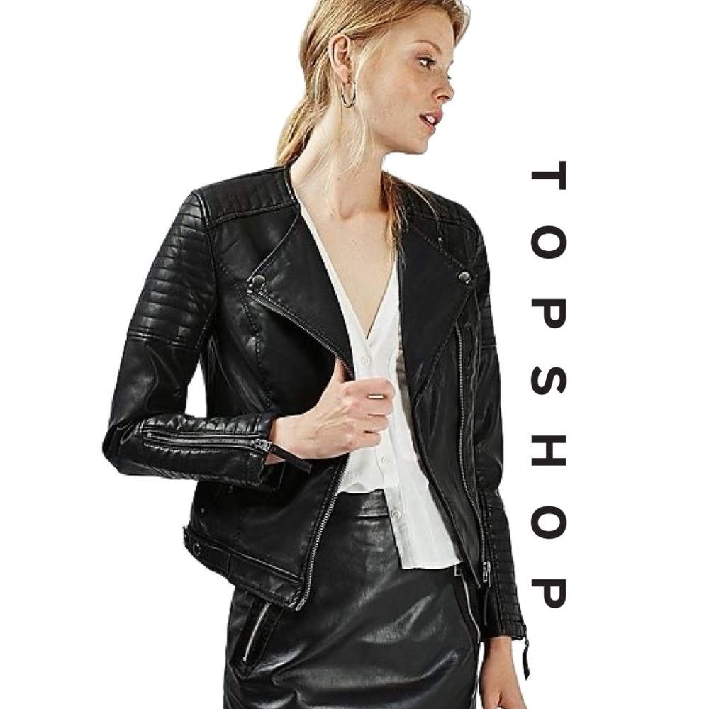 TOPSHOP Women's Black Polly Faux-Leather Biker Jacket Size 4 - Picture 1 of 10